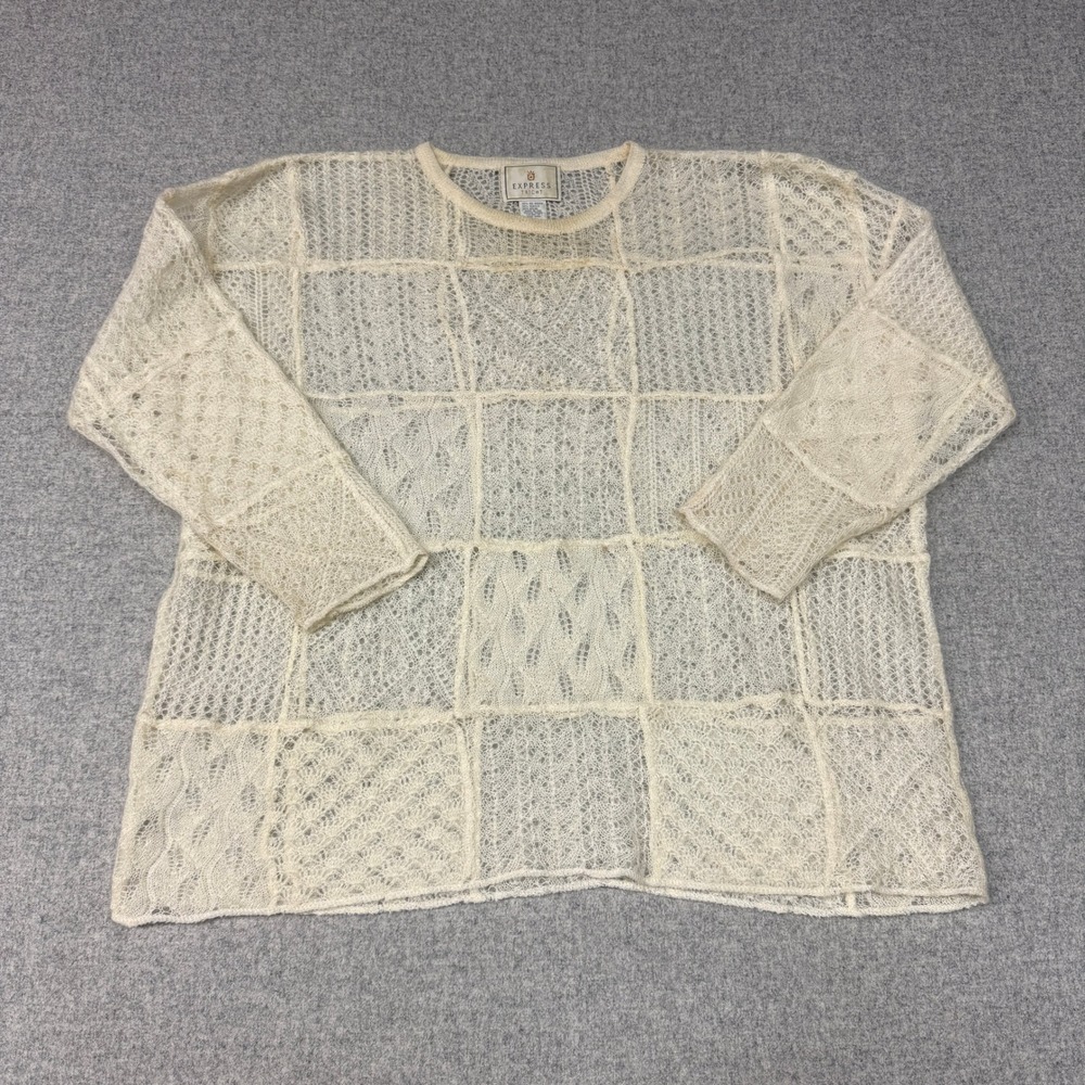 Express Tricot Sweater Medium Cream Mohair Blend Open Knit Patchwork Vintage 90s